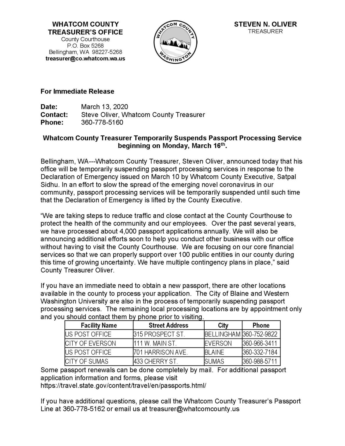 County Treasurer Temp. Suspends Passport Processing Sudden Valley Community Association